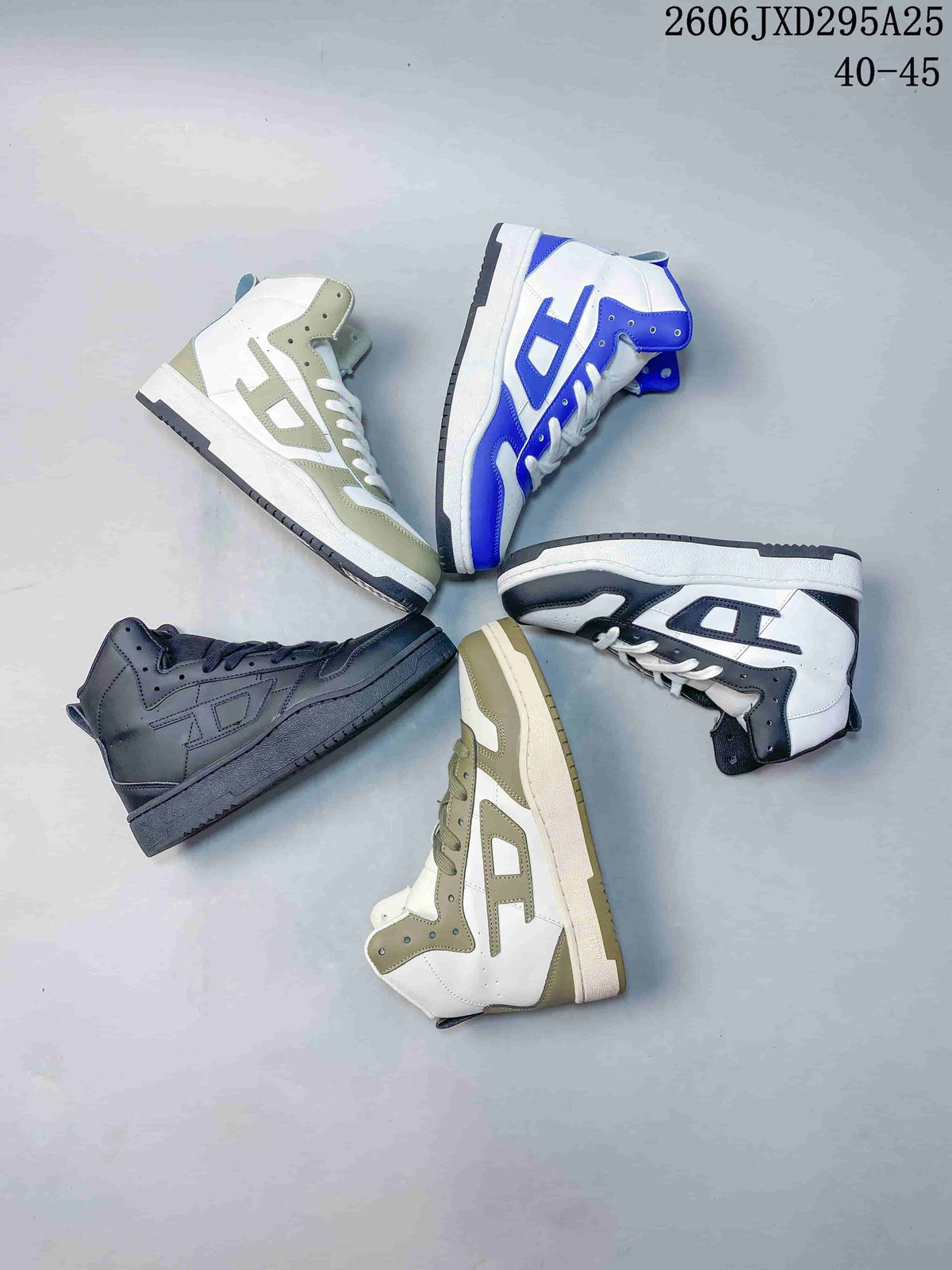 Several Diesel S-Ukiyo high-top sneakers arranged together in different color combinations.