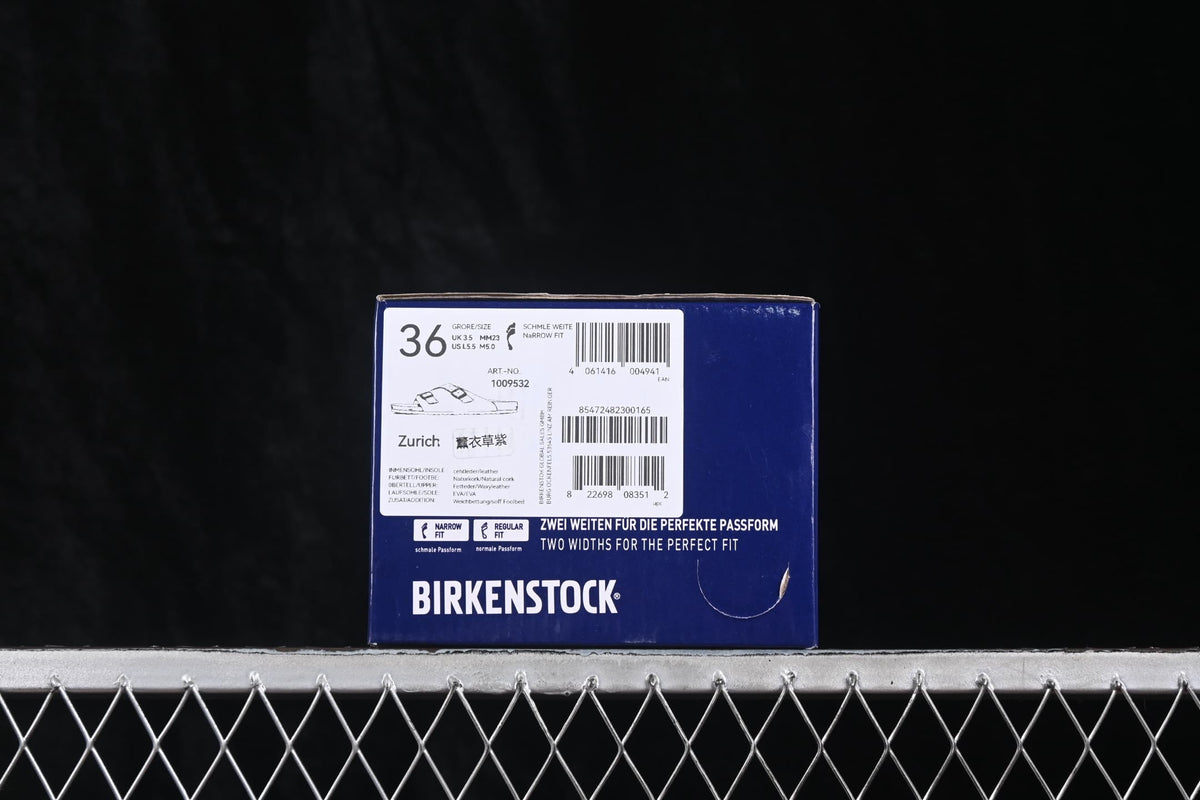 Product box showing size 36, Zurich, style code 1009532 and narrow fit marking.