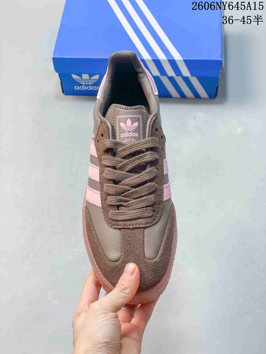 Top view of the lace-up adidas Sambae sneaker with brown and pink details