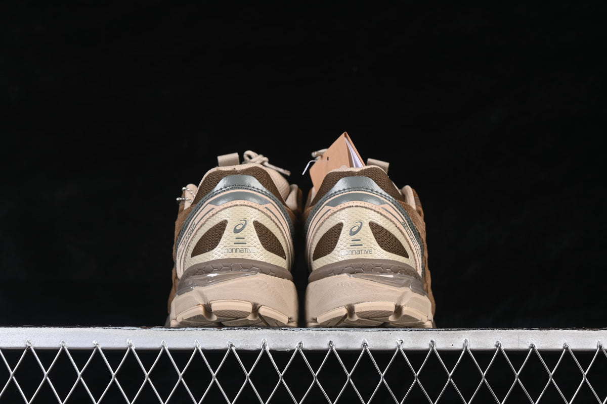 Rear view of the pair highlighting heel panels and soles.