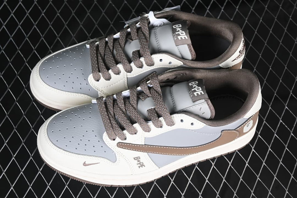 Pair of low-top sneakers shown from above in white, gray, and brown.