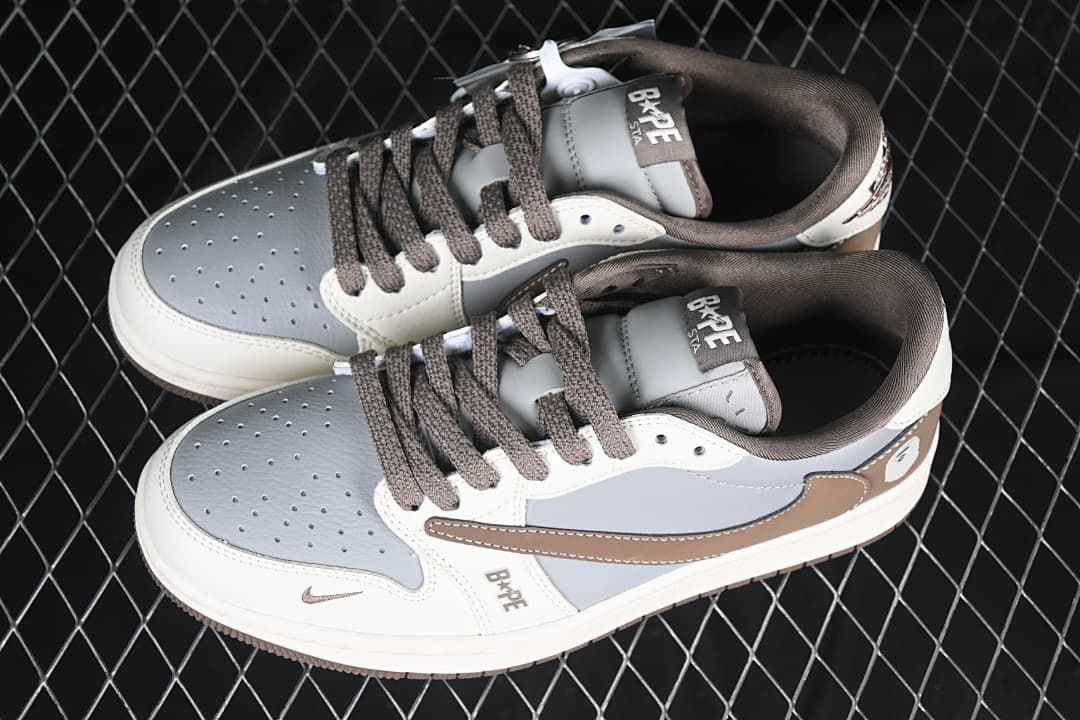 Pair of low-top sneakers shown from above in white, gray, and brown.