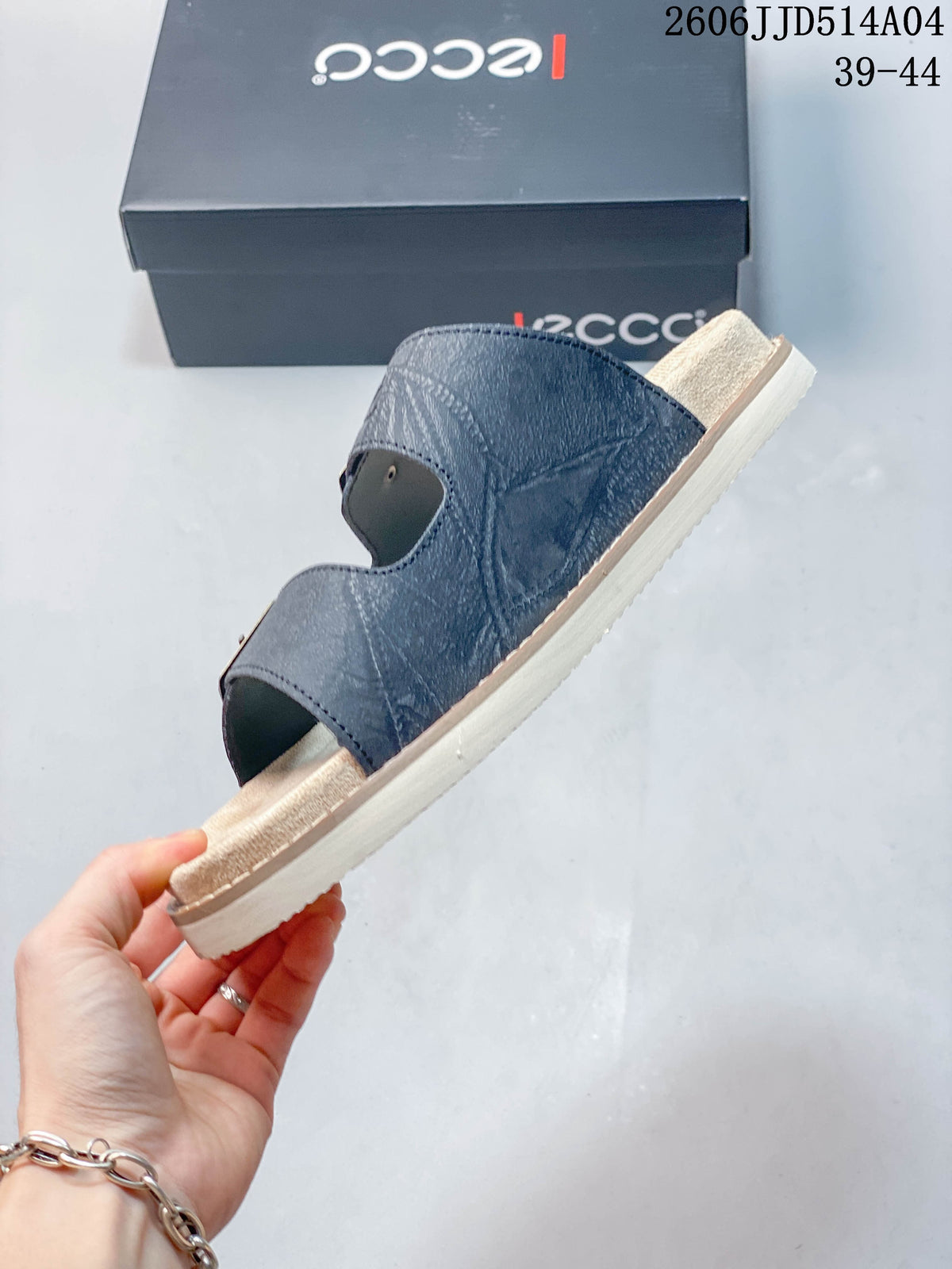 Side view of the blue open-toe slide sandal with two straps and light-colored sole; image overlay shows style code 2606JJD514A04 and sizes 39–44.