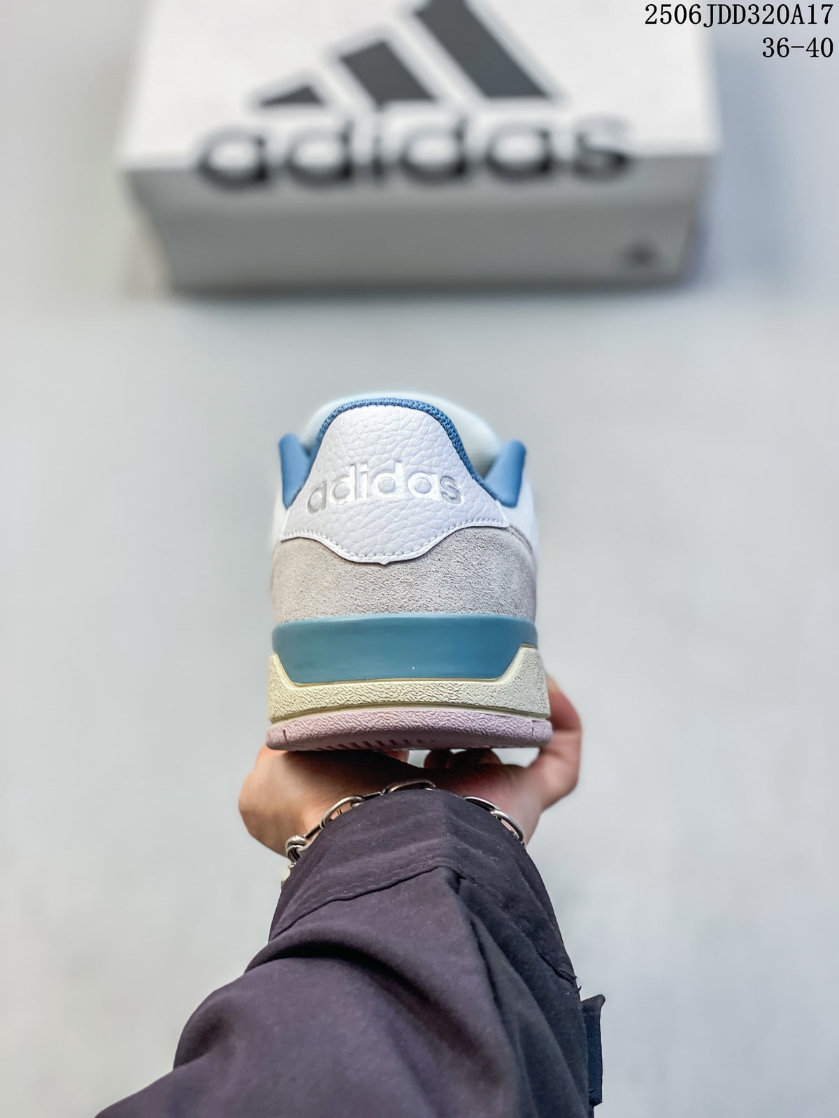 Rear view showing layered heel panels and colored sole