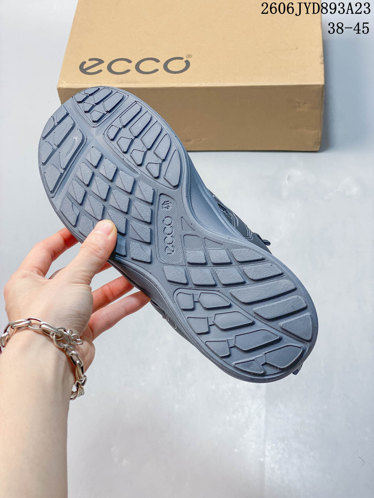 Close-up of the patterned outsole on a gray ECCO shoe