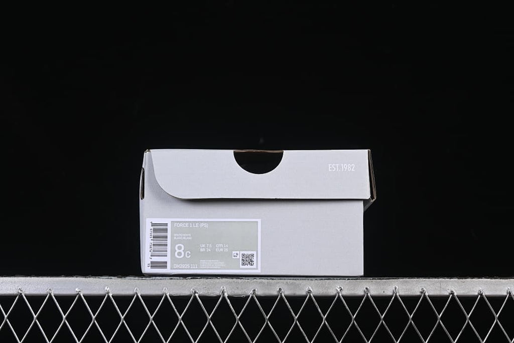 Shoe box label showing Force 1 LE, style code DH2925-111 and sample sizing