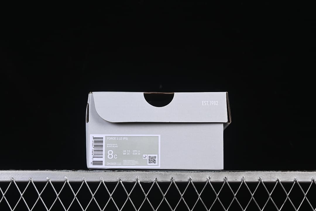 Shoe box label showing Force 1 LE, style code DH2925-111 and sample sizing