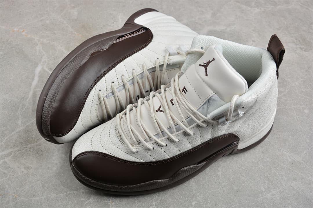 Pair of Air Jordan 12 sneakers in sail white and Baroque Brown