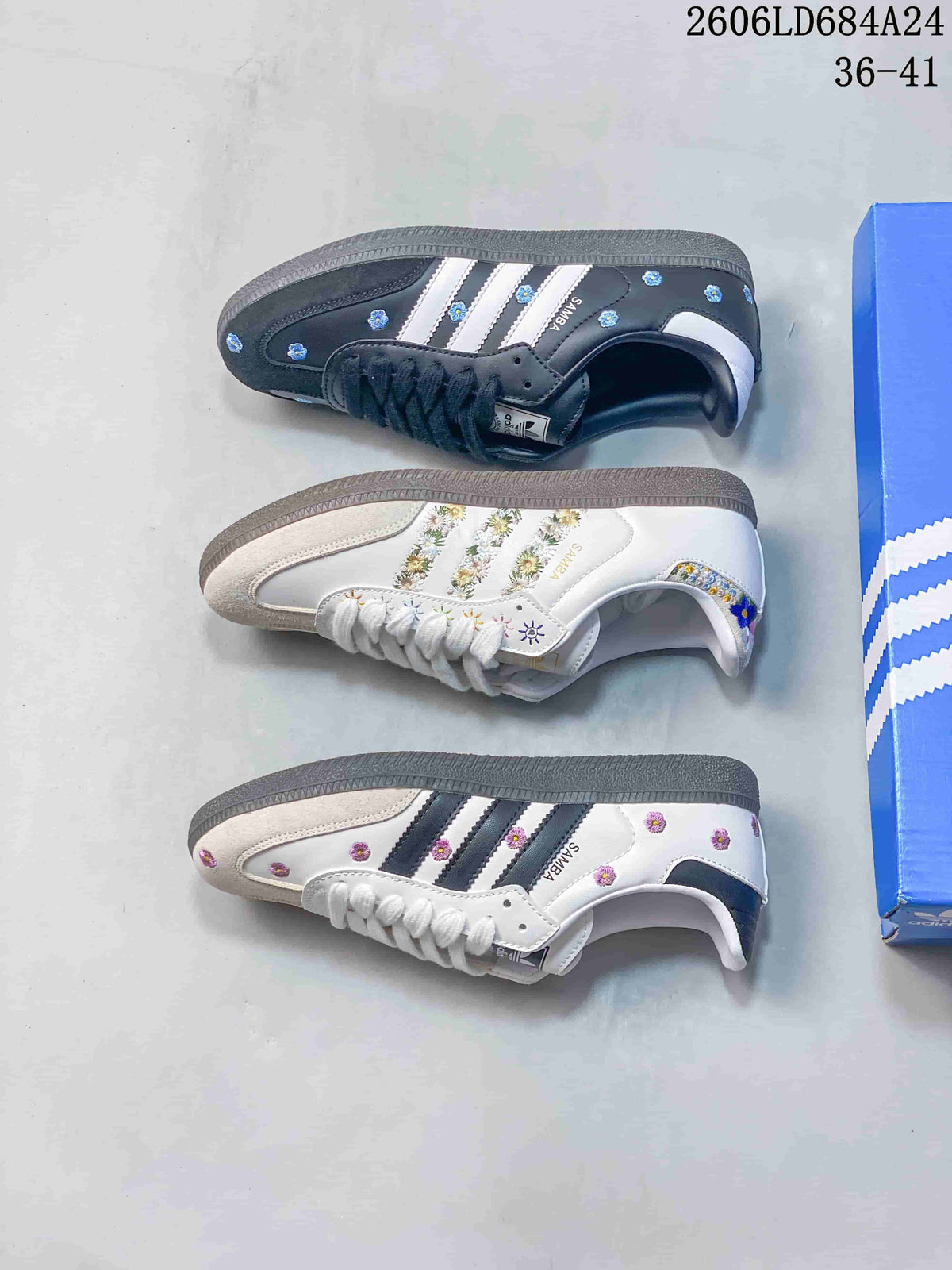 Three floral Adidas Samba sneaker colorways displayed in profile.