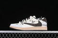 Side view of off-white and dark brown Air Jordan 1 low-top sneakers with Dodgers and MLB graphics