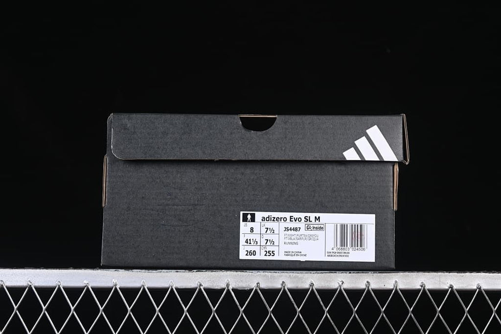 Shoe box label identifying the Adizero Evo SL M, style JS4487, and sample size US 8.