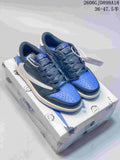 Pair of blue and dark gray low-top sneakers on a printed box