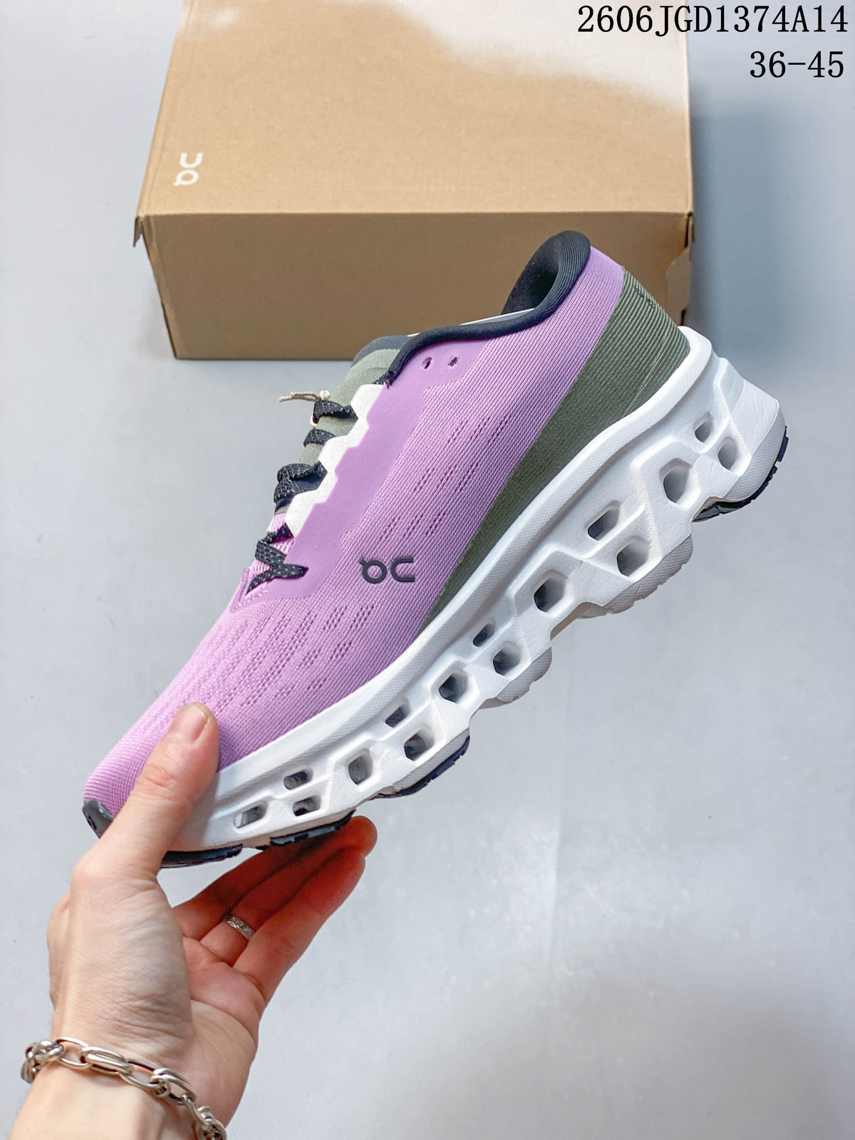 Side view of a lilac and olive running shoe with a sculpted white sole.