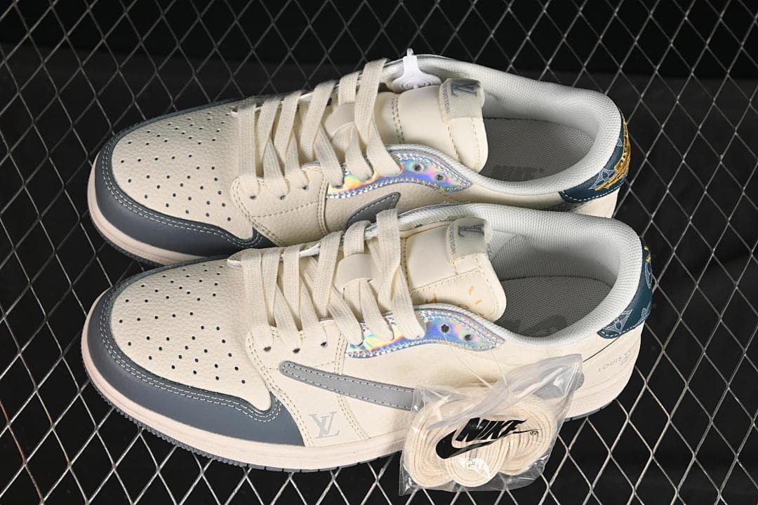Pair of off-white and gray low-top sneakers viewed from above, with a spare lace set in a clear package.