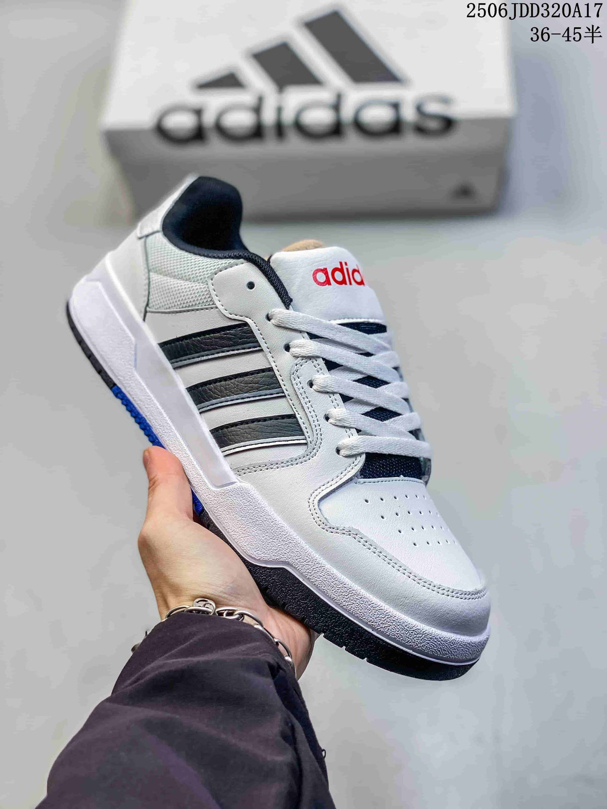 White adidas Entrap sneaker with black accents and a dark outsole