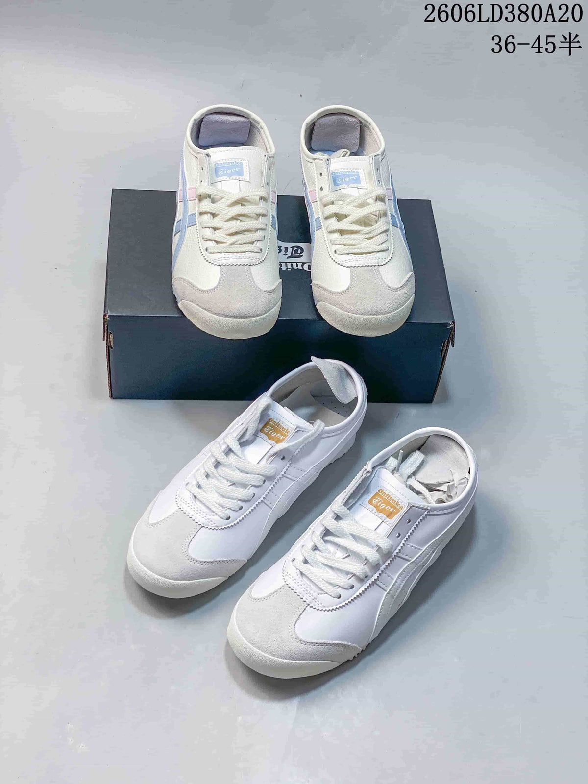 Two white low-top sneaker colorways shown together, including pastel blue and pink accents and an all-white version.