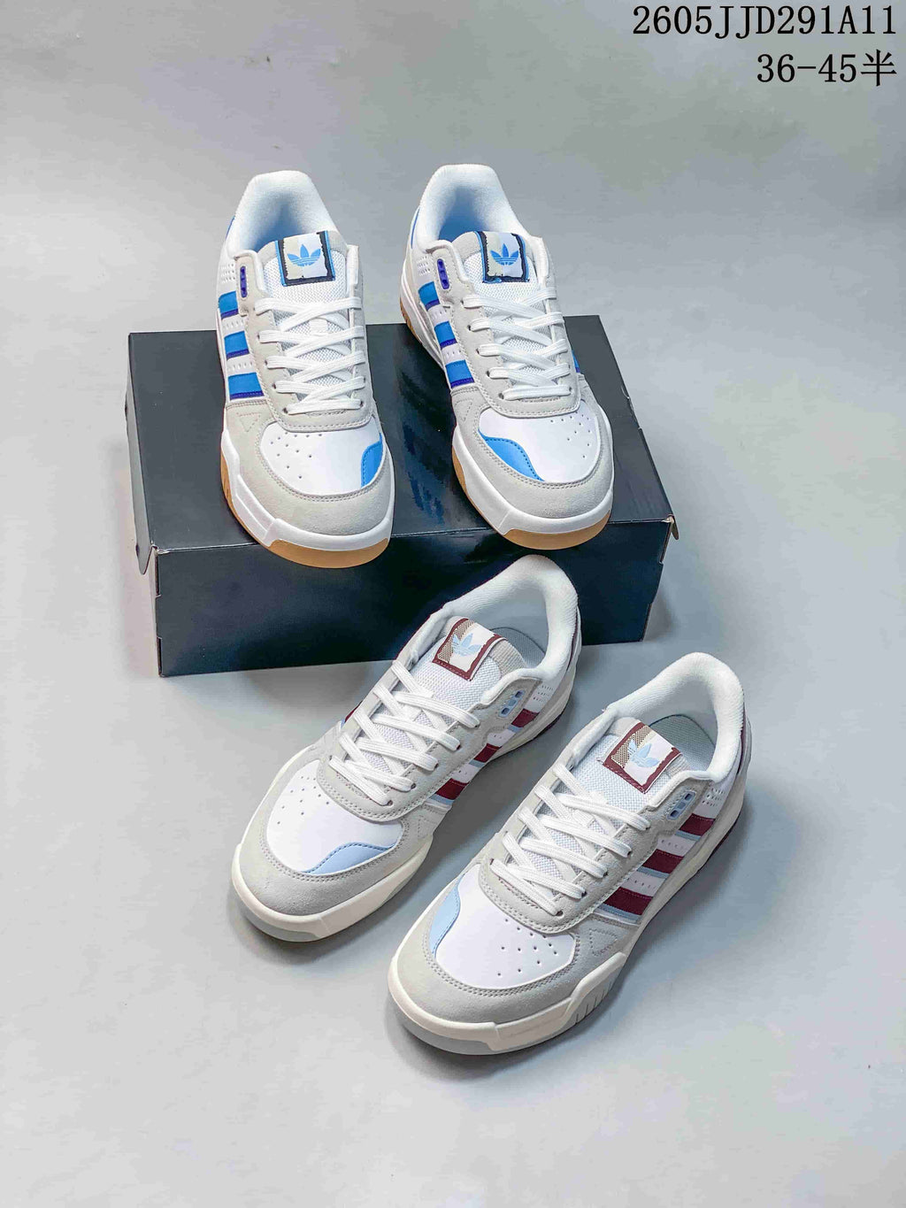 Two pairs of Tekkira Cup sneakers shown in blue and burgundy accent colorways