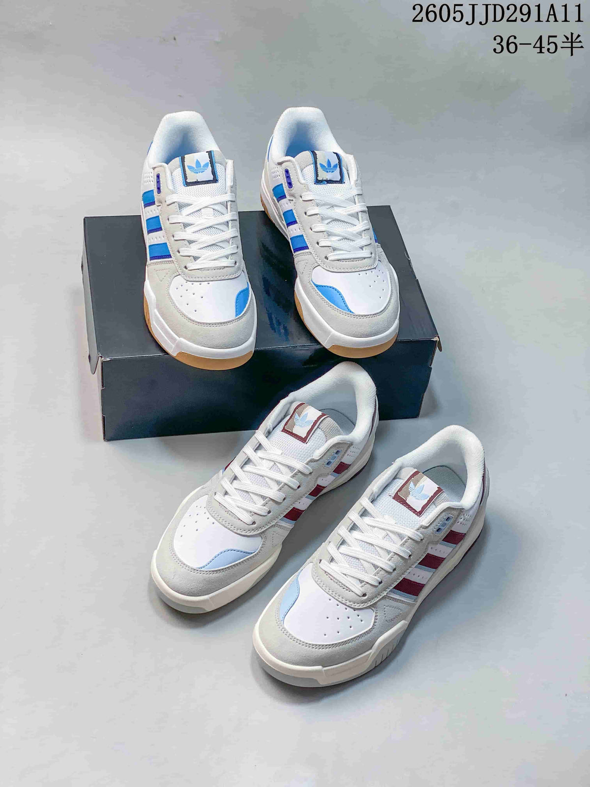 Two pairs of Tekkira Cup sneakers shown in blue and burgundy accent colorways