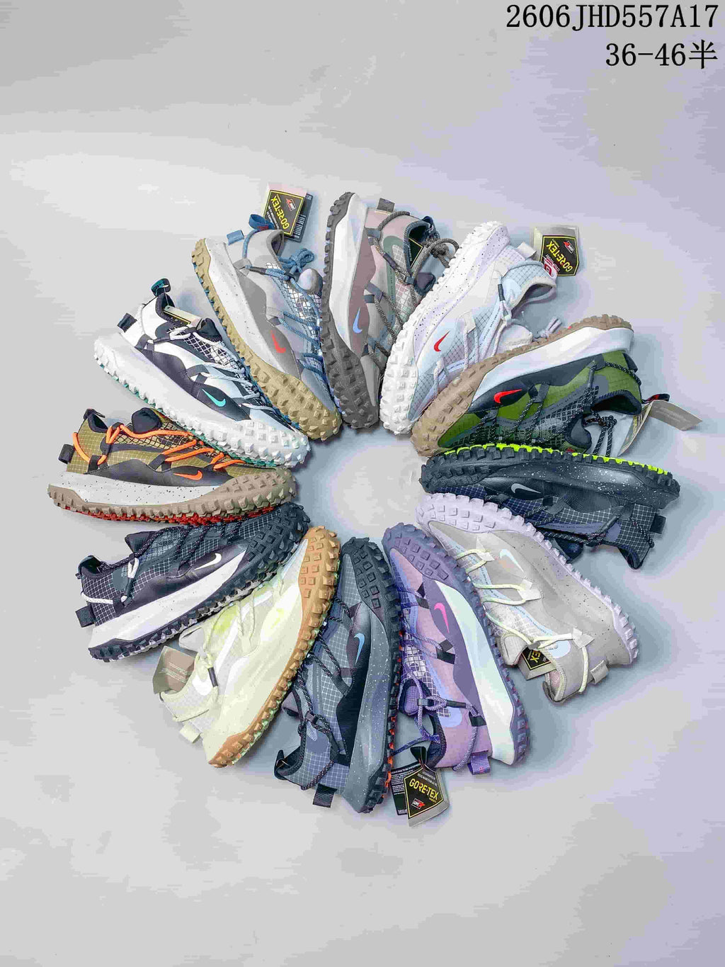 A group of Nike ACG Mountain Fly sneakers shown in assorted colorways.