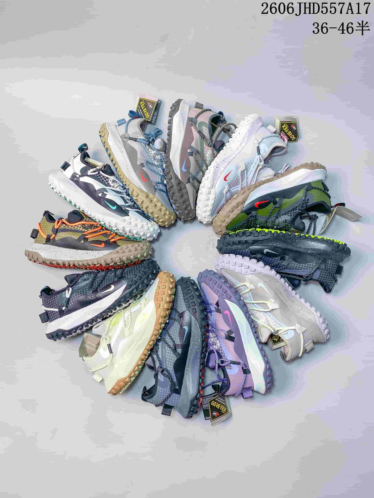 A group of Nike ACG Mountain Fly sneakers shown in assorted colorways.