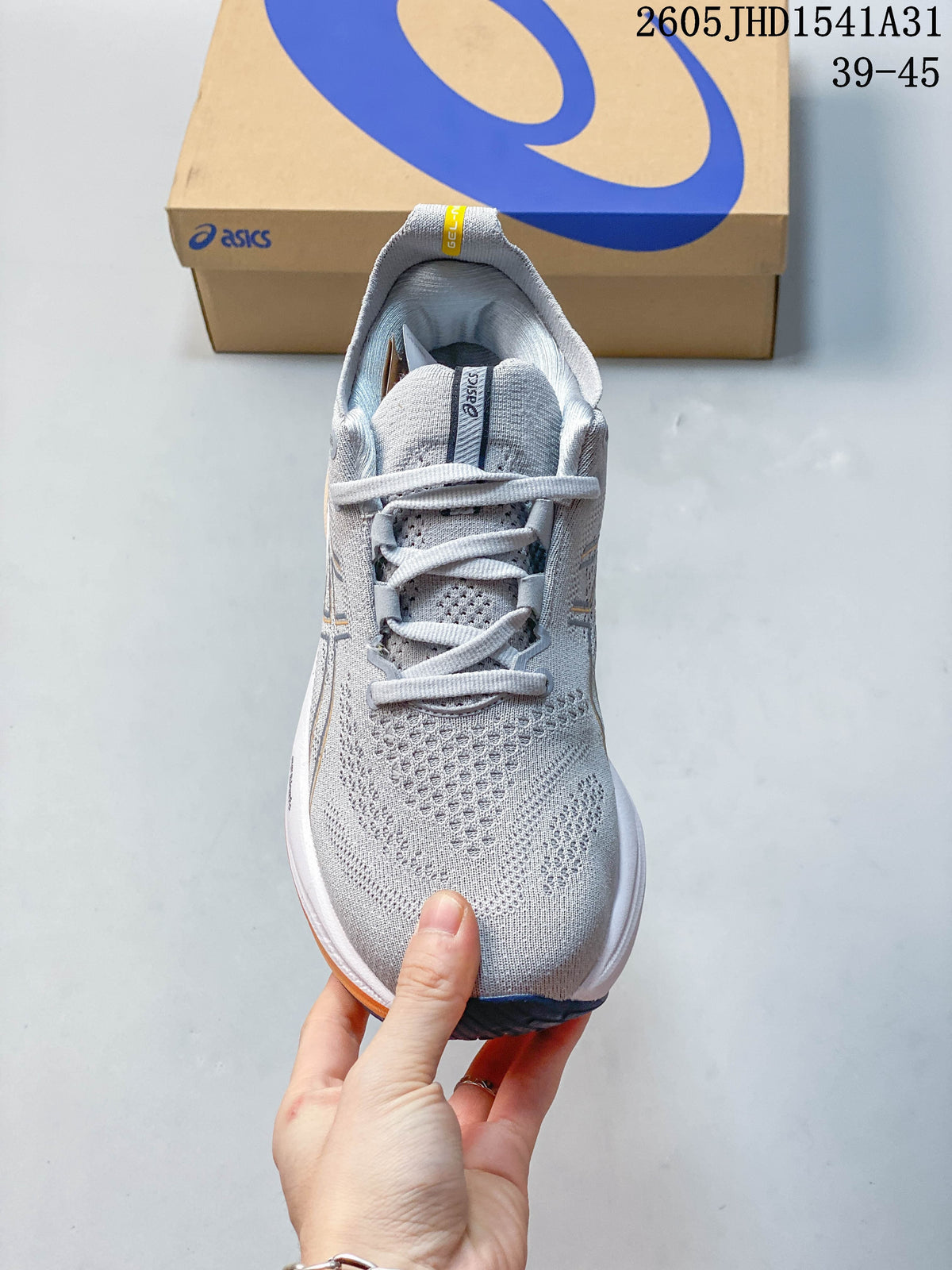 Top view of the gray lace-up running shoe showing its knit-look upper