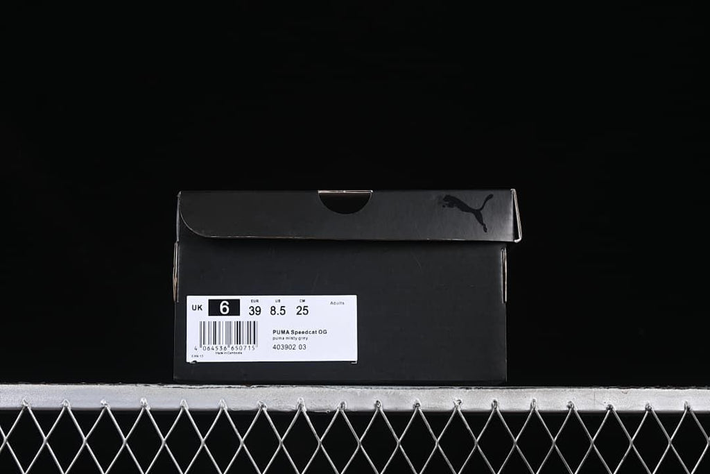 Puma shoe box label showing Speedcat OG and EUR 39