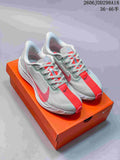Four Nike Pegasus Plus shoes shown from the side in different color combinations.