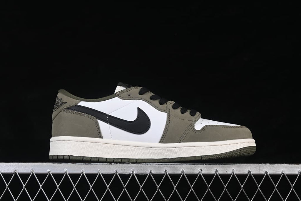 Side view of the olive, white, and black Jordan 1 Low sneaker