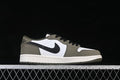 Side view of the olive, white, and black Jordan 1 Low sneaker