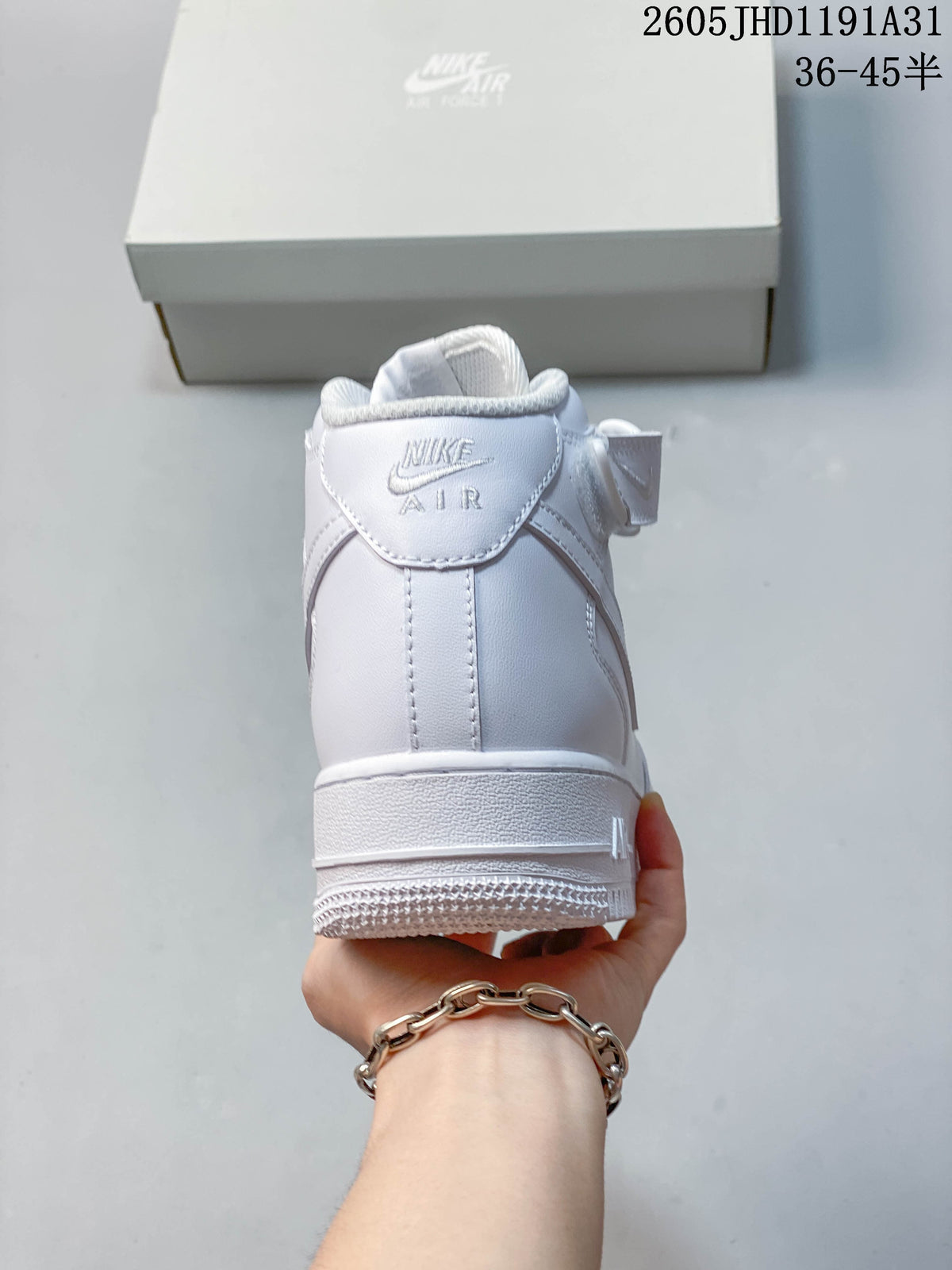 Rear view of a white high-top sneaker showing the heel and ankle strap