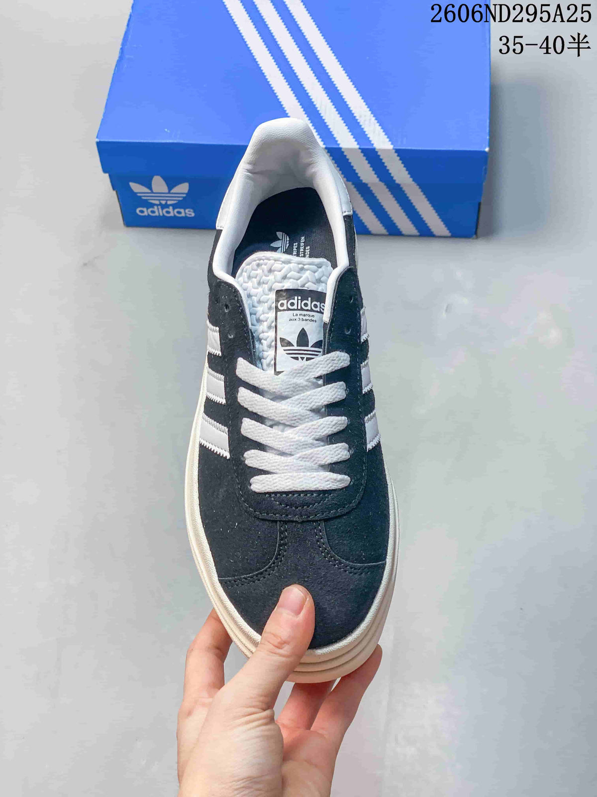 Top view of the Adidas Gazelle Bold W showing its lace-up front and white side stripes.