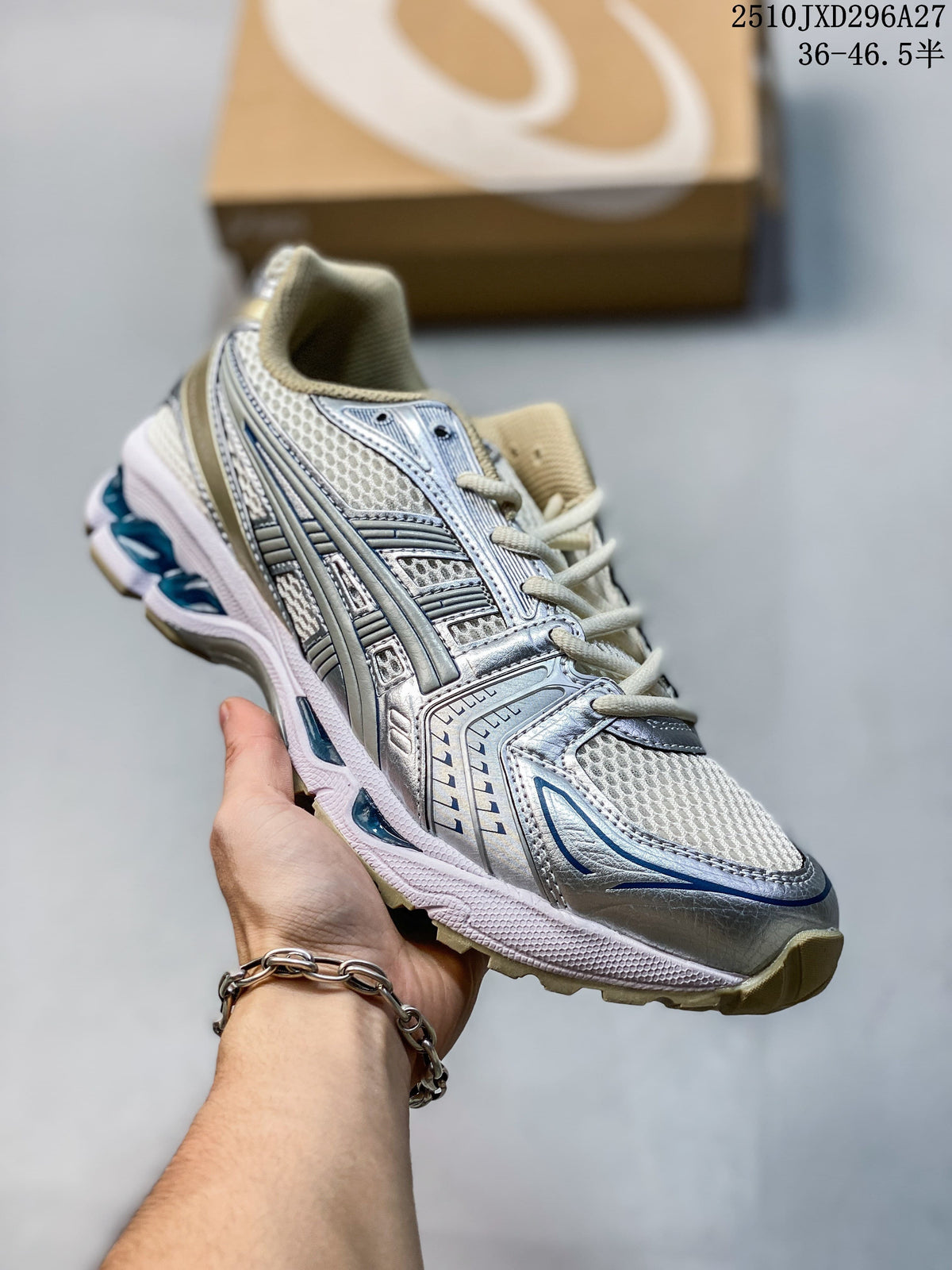 Cream and silver mesh running sneaker with blue accents.