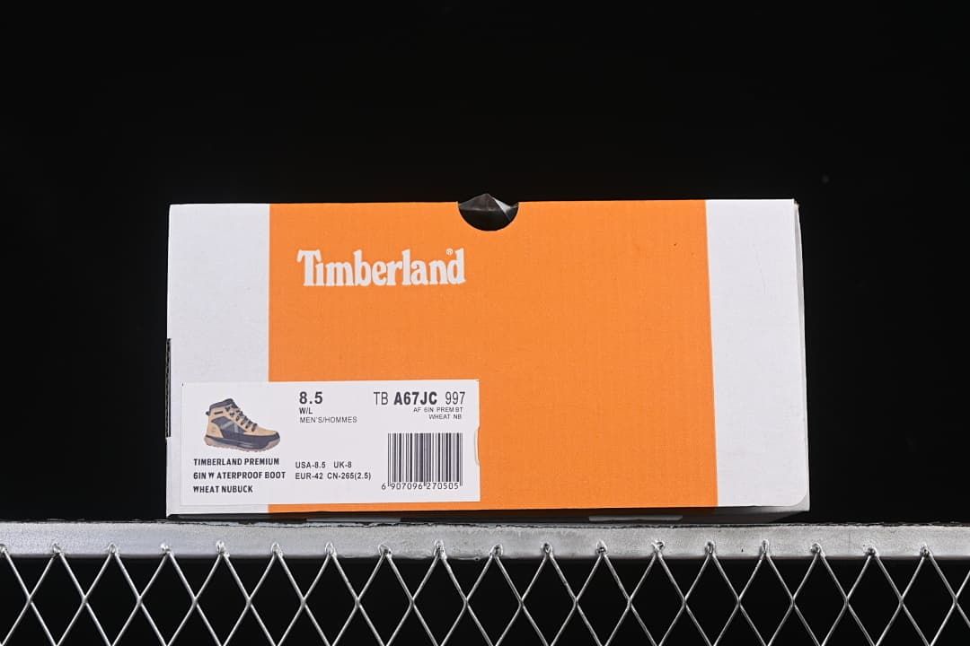 Timberland boot box label identifying a Premium 6-Inch Waterproof Boot in Wheat Nubuck, style TB A67JC 997, size US 8.5 and EU 42
