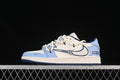 Side view of an off-white and light blue low-top sneaker with navy accents, patterned laces, and visible Supreme branding.