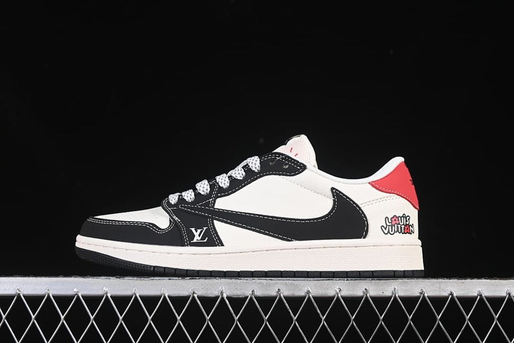 Side view of a white and black low-top sneaker with a red heel accent and visible Louis Vuitton-style branding.