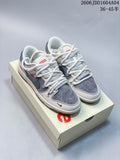 Pair of gray and white Nike SB Dunk Low sneakers on a branded box
