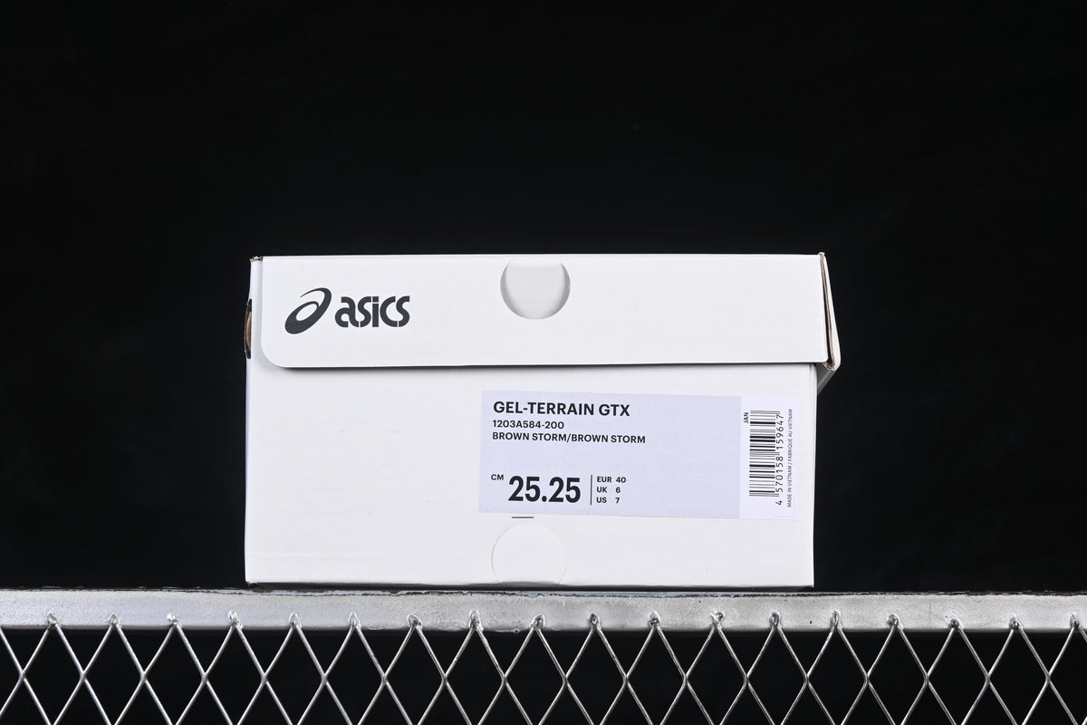 Shoebox label identifying GEL-TERRAIN GTX, color, style code, and sample size.