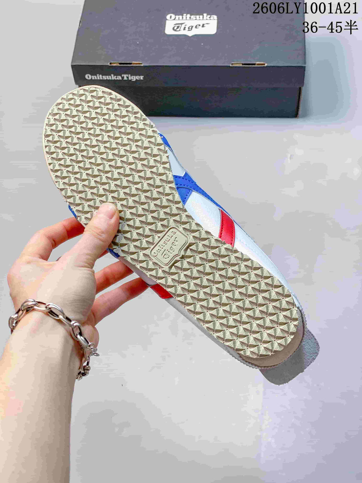 Close-up of the patterned outsole on the white Mexico 66 sneaker
