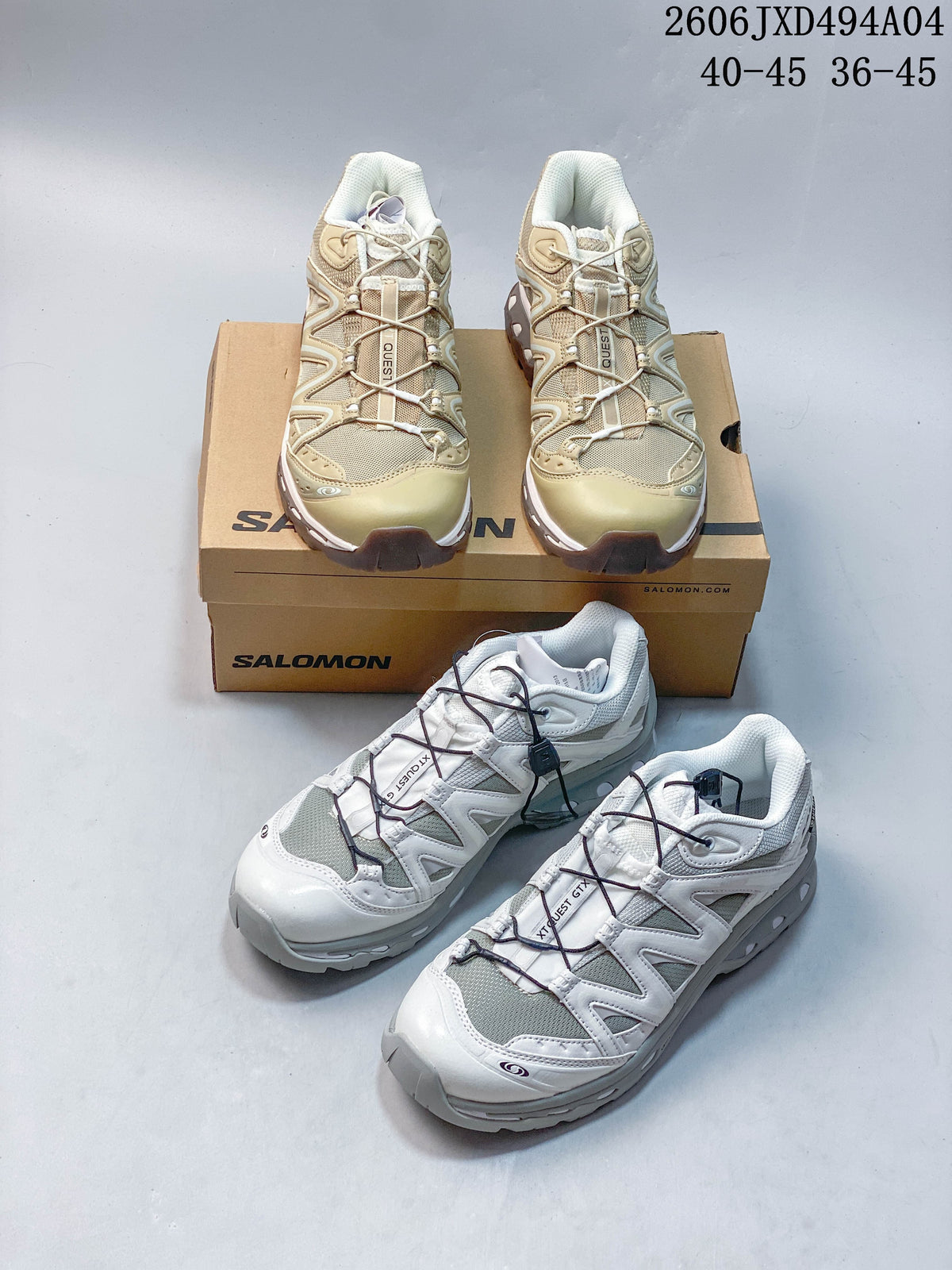 Sand and gray and white and gray Salomon XA Pro 3D sneakers shown together.