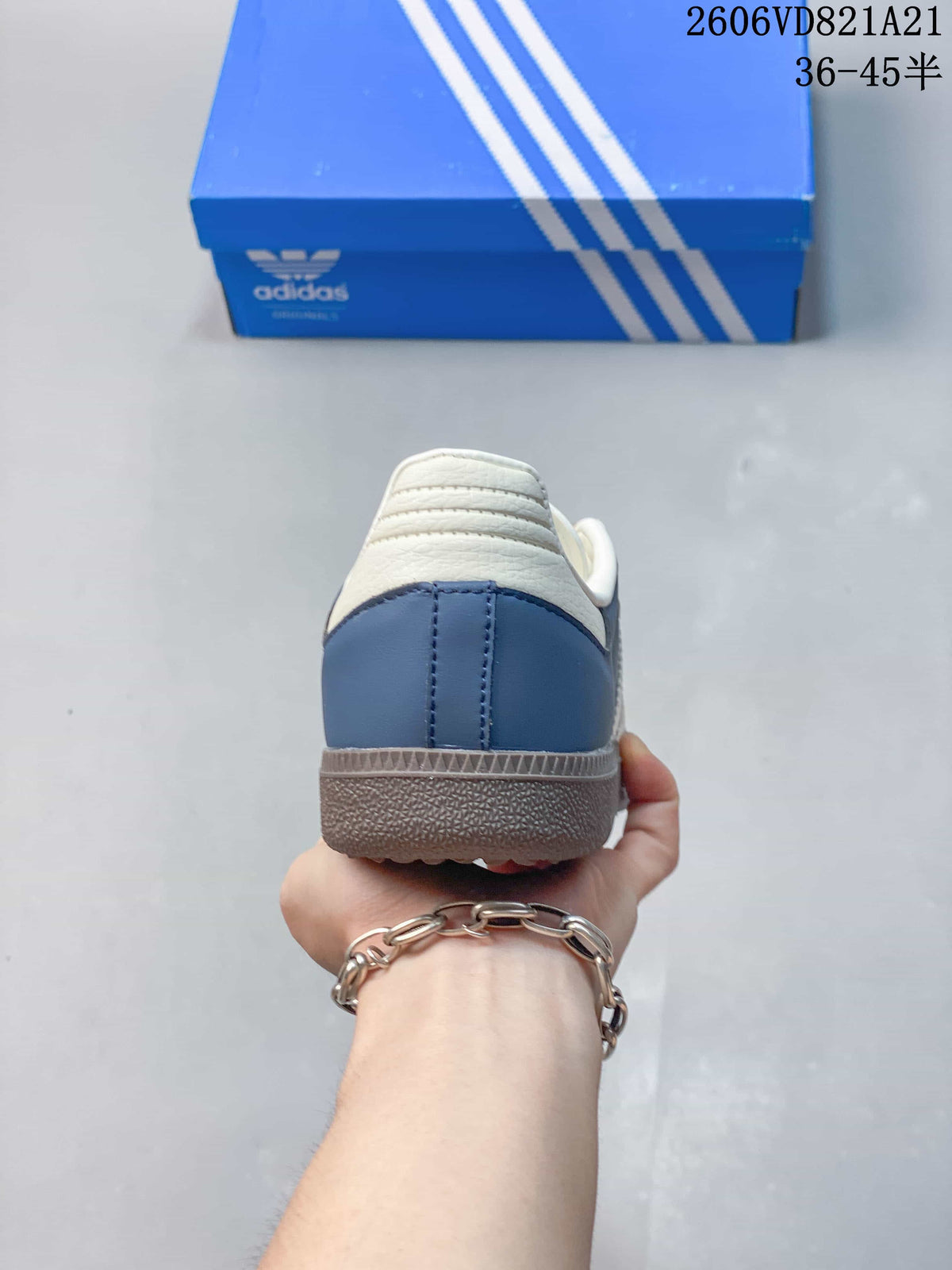 Rear view showing the blue heel panel and gum-tone outsole