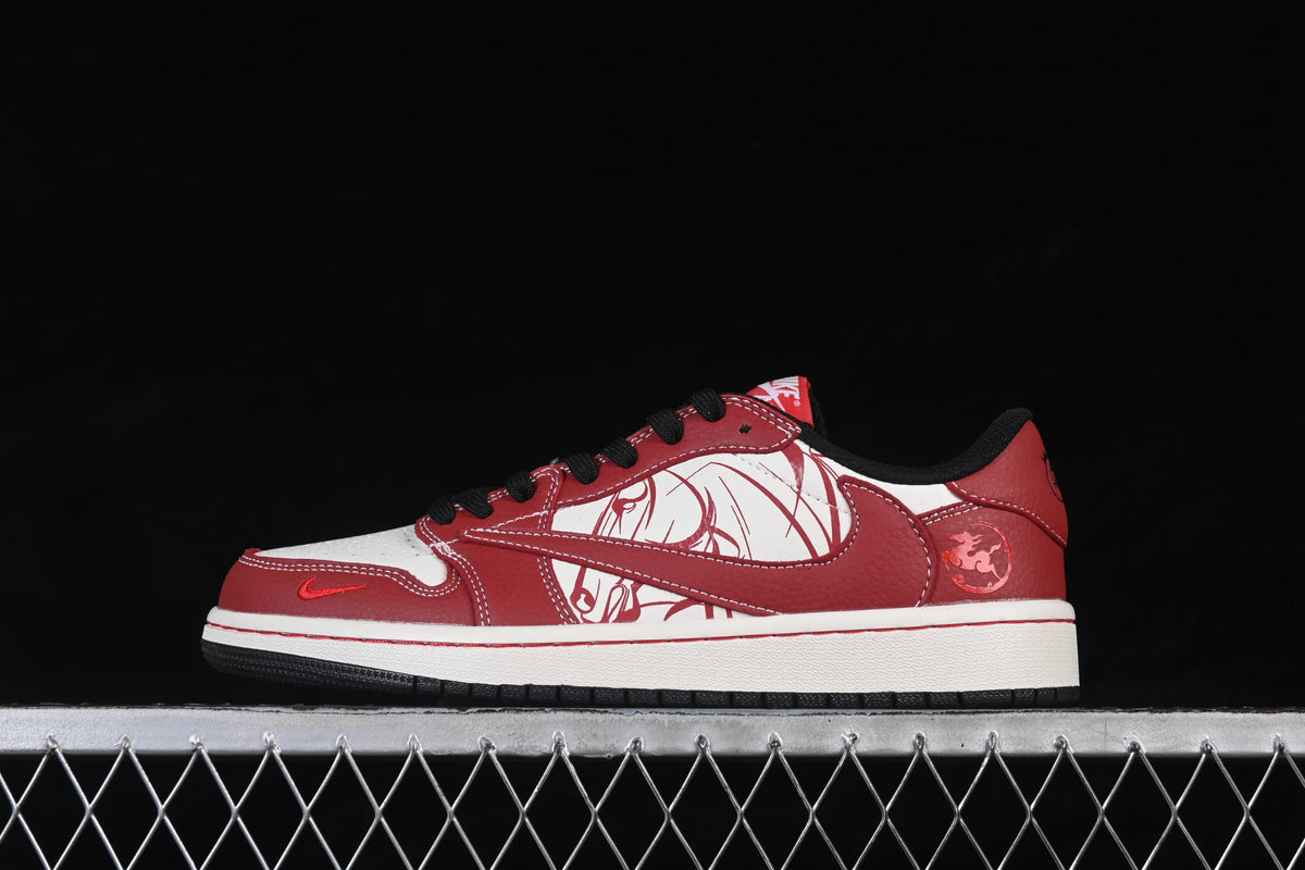 Side view of a red and white low-top sneaker with black laces and illustrated side panels.