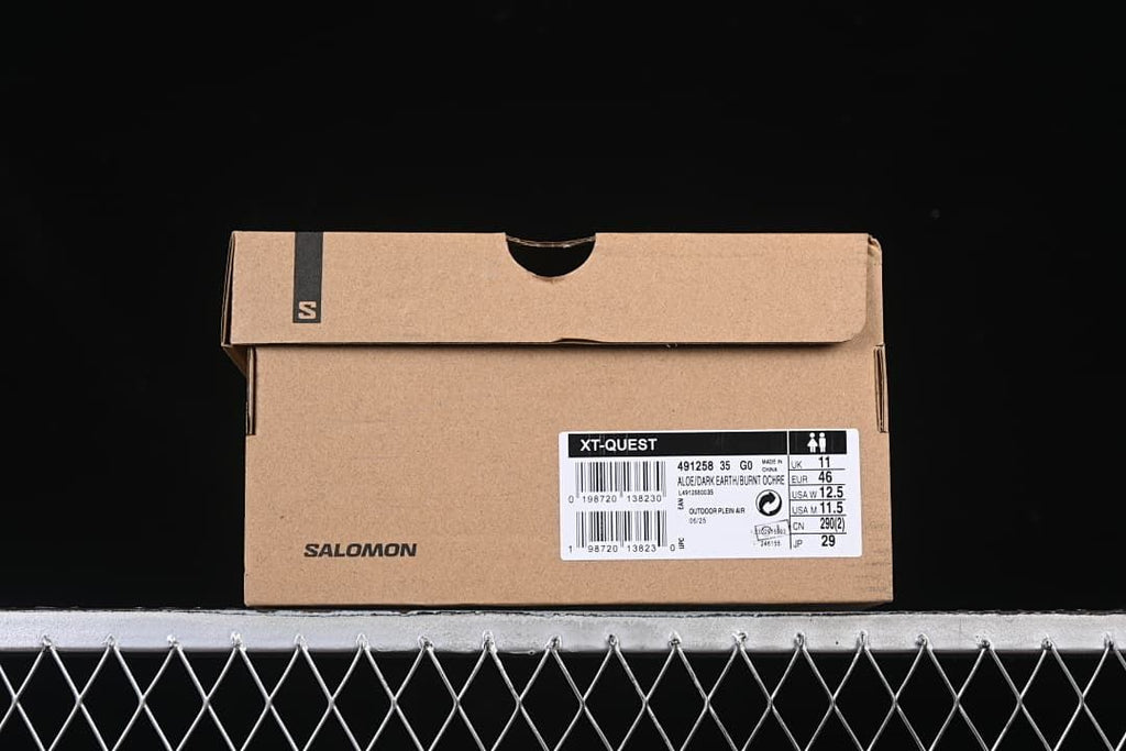 Shoe box label showing XT-Quest, product code 491258-35, and EU size 46.