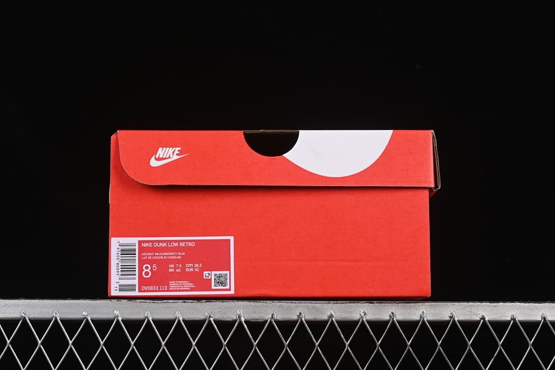 Shoebox label identifying Nike Dunk Low Retro, style DV0833-113, and sample size US Men 8.5