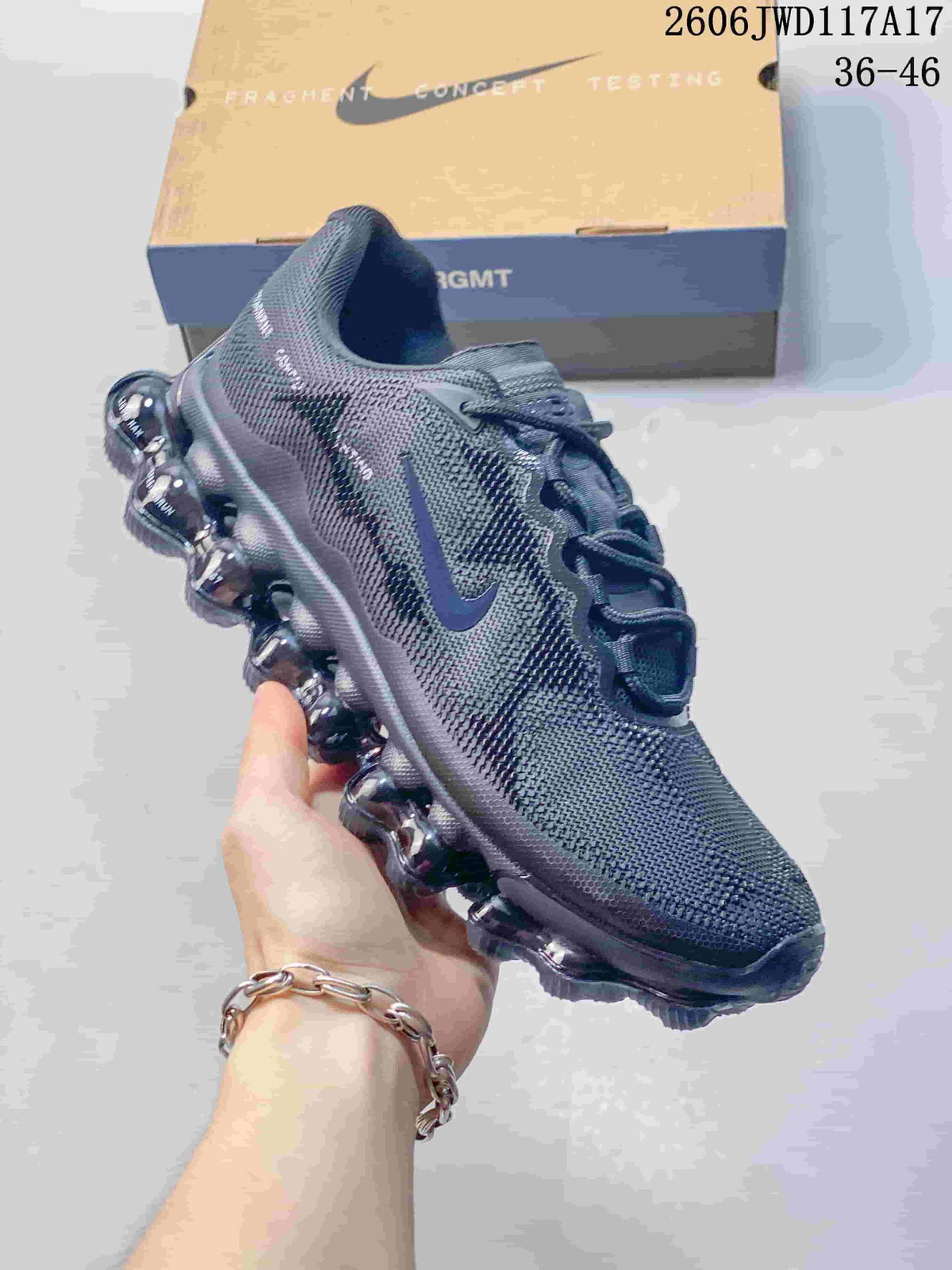 Blue and yellow Nike Air Liquid Max sneaker with a patterned upper