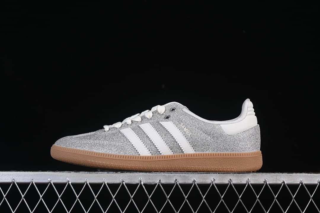 Side view of the silver glitter-effect Samba OG sneaker.