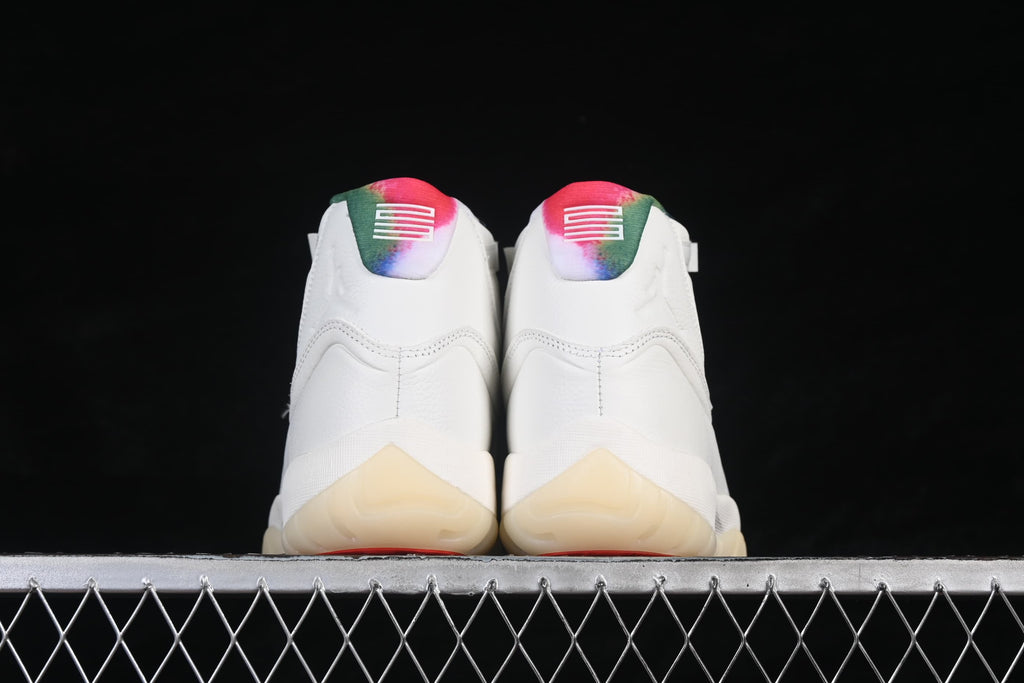 Rear view of the pair showing multicolor heel panels.