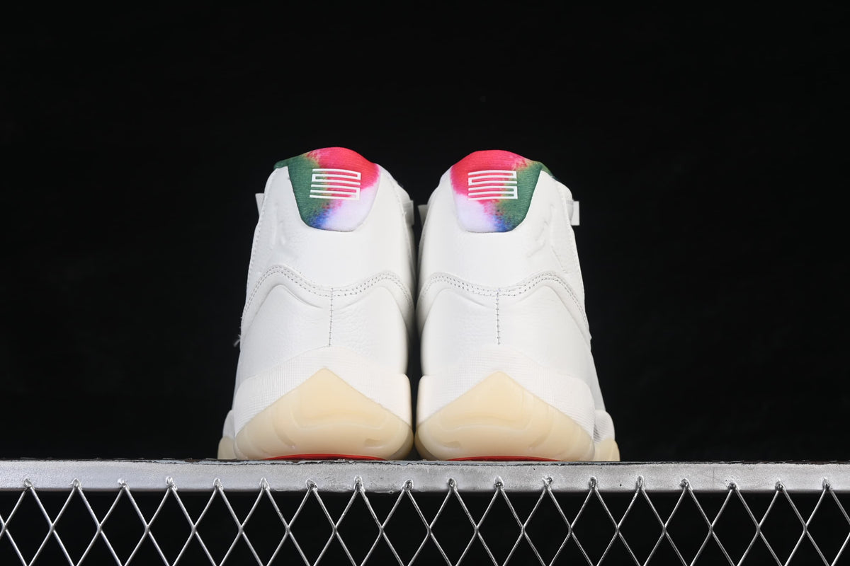 Rear view of the pair showing multicolor heel panels.