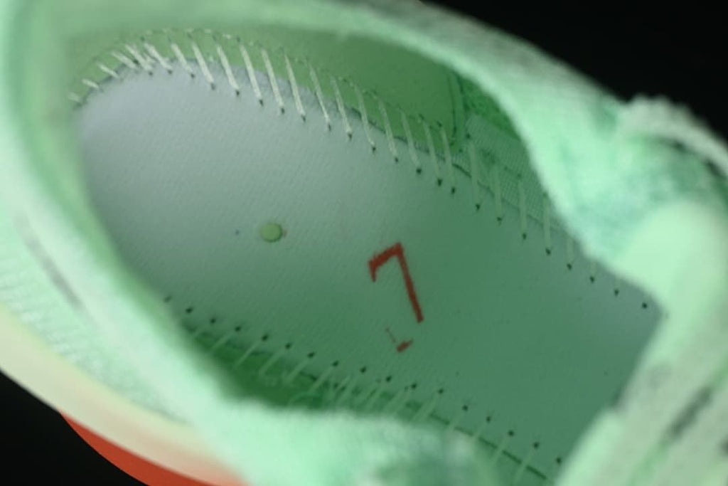 Close-up view inside the mint-green shoe.
