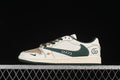 Side view of an off-white low-top sneaker with a brown toe panel and dark green side panel and outsole.