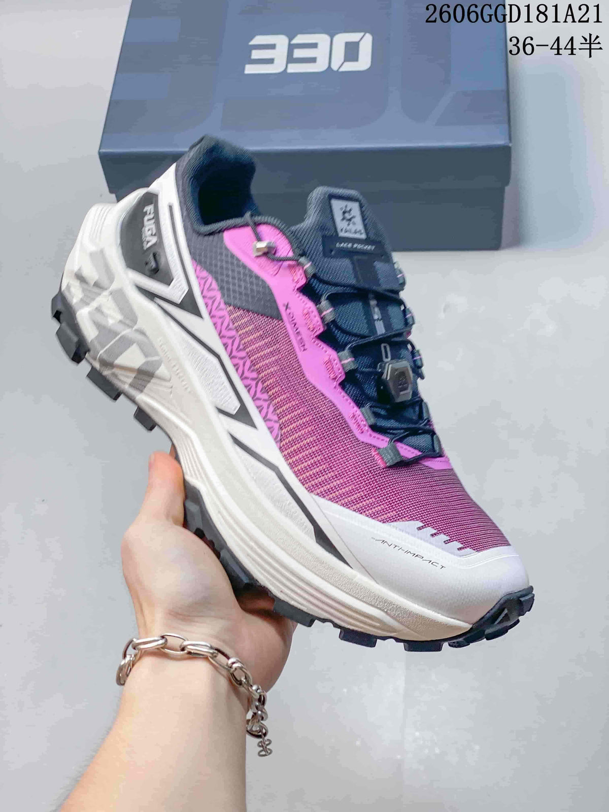 Side view of a magenta and navy Kailas FUGA EX BOA trail-running shoe